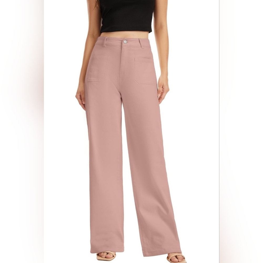 Wide Leg High Waisted Pants Size L NWT Blush Pink Stretchy Soft Trendy - Picture 2 of 5